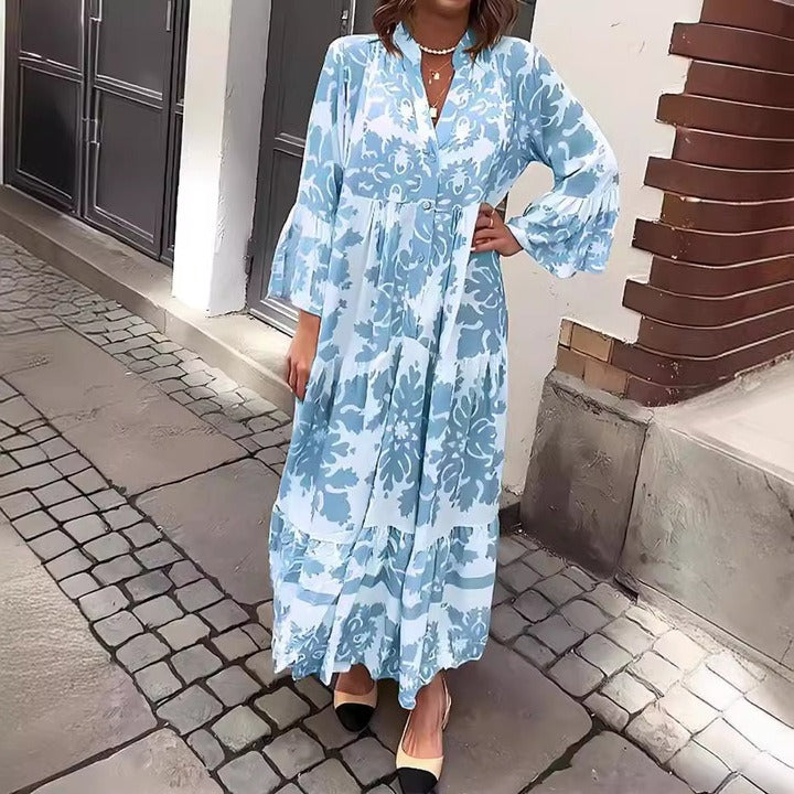 Vestido Maxi con Escote en V y Manga 3/4 Atractivo