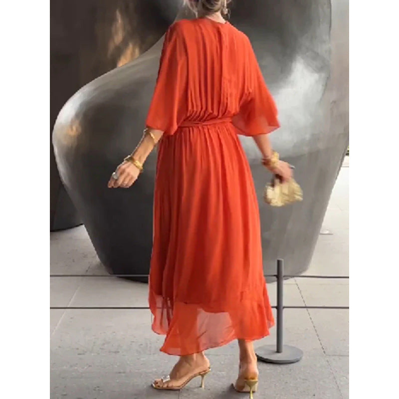 Vestido Ava Midi con Escote en V y Mangas Sueltas