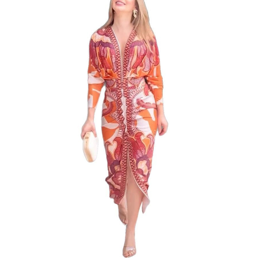 Vestido Midi Ruched de Manga Larga con Abertura y Estampado