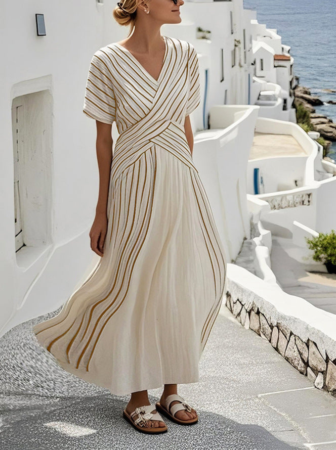 Vestido Louise Largo con Diseño Cruzado y Rayas