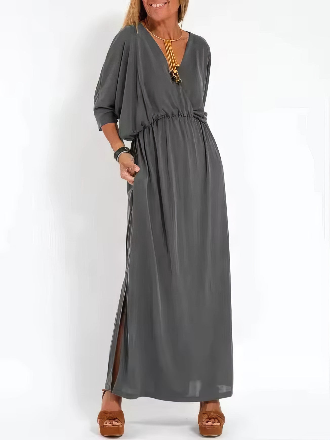 Vestido largo de noche vintage con cuello en V y cintura alta para mujer