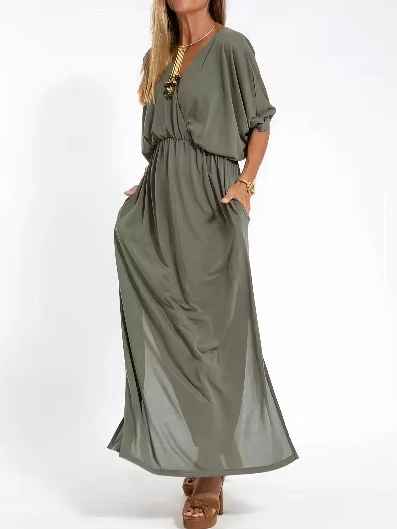 Vestido largo de noche vintage con cuello en V y cintura alta para mujer