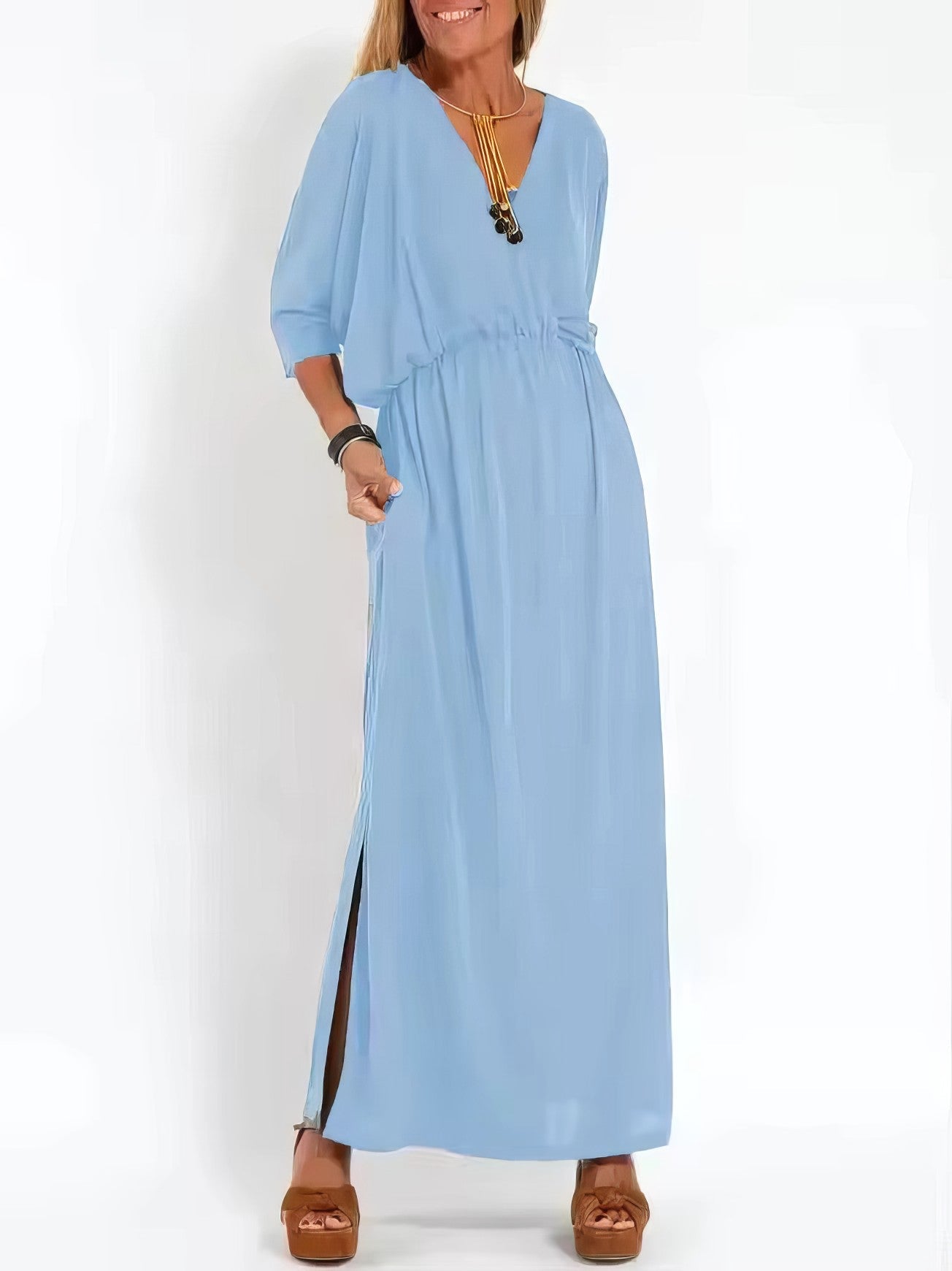 Vestido largo de noche vintage con cuello en V y cintura alta para mujer