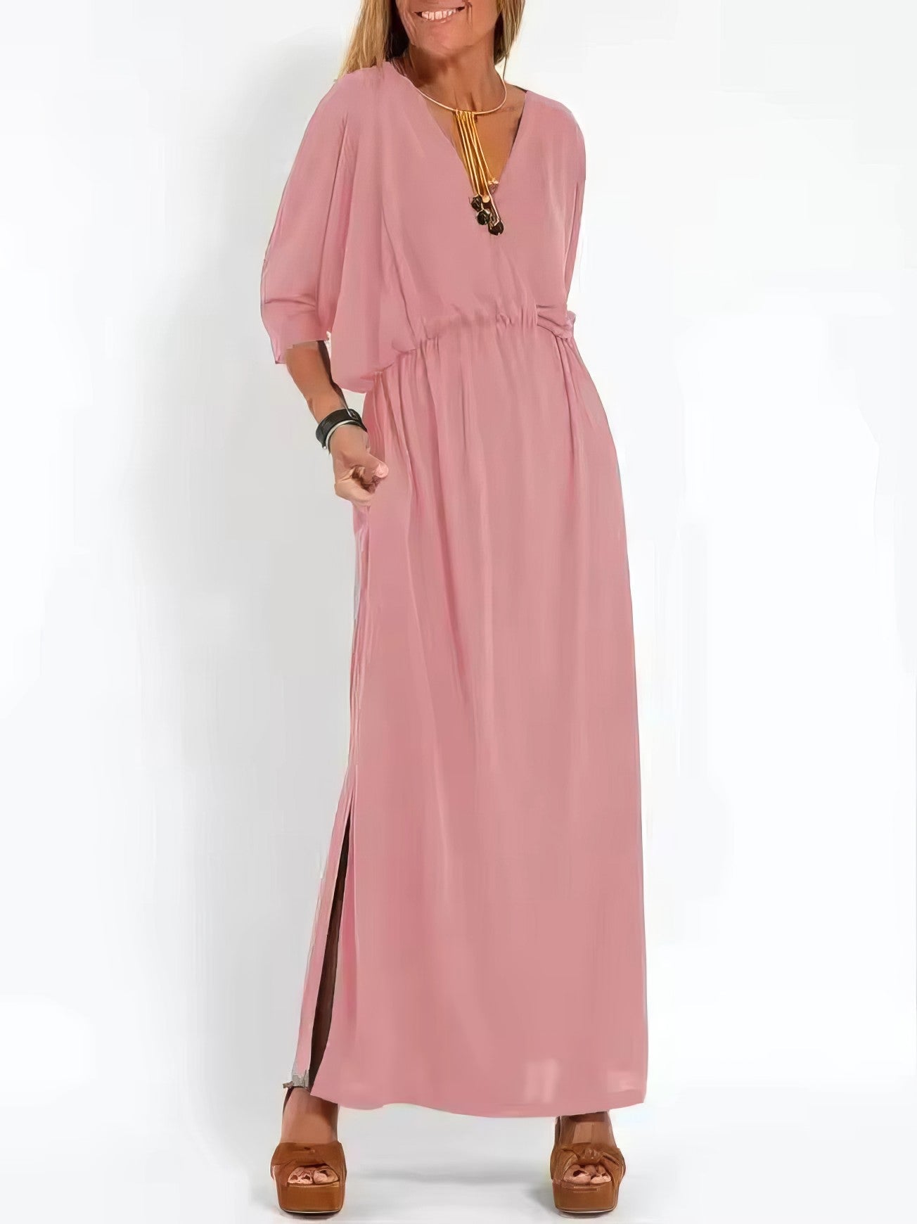 Vestido largo de noche vintage con cuello en V y cintura alta para mujer