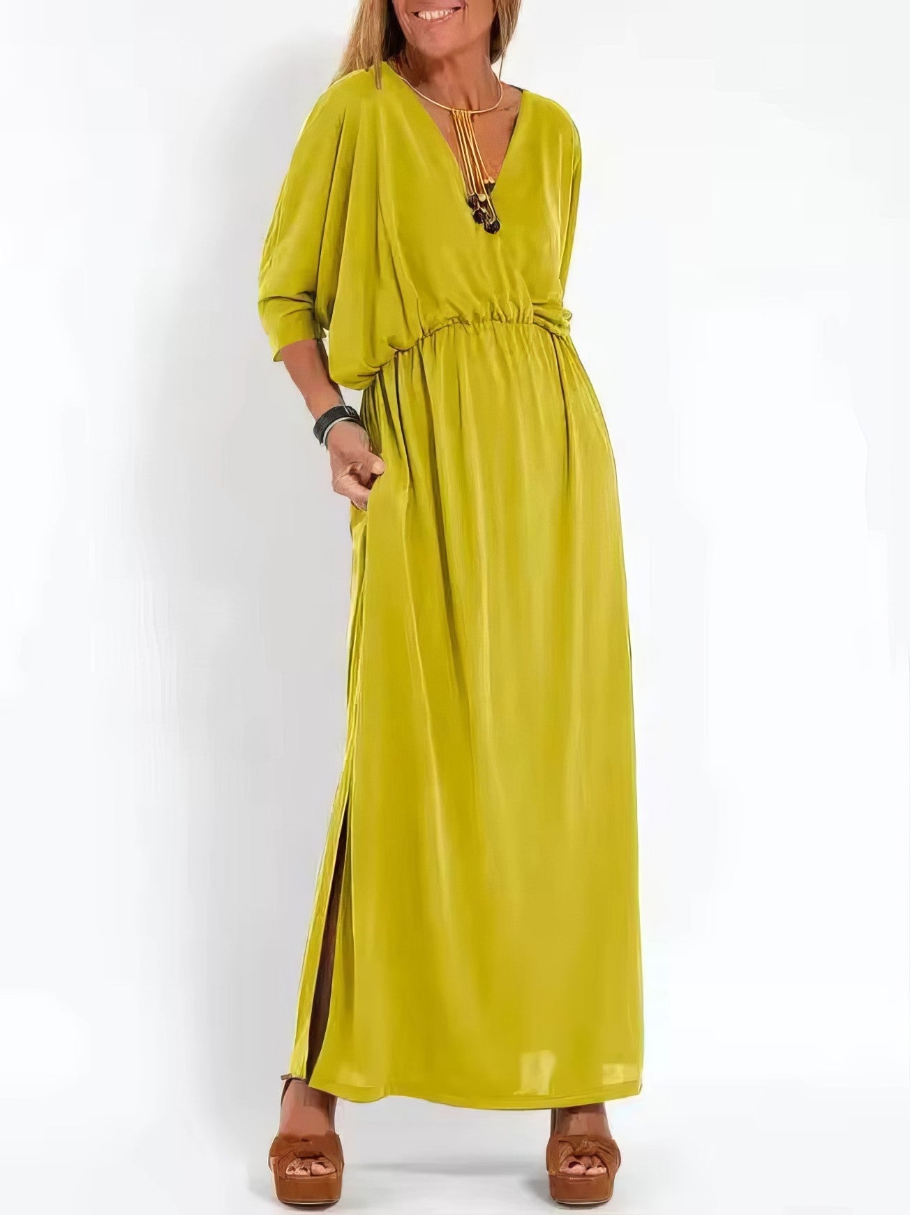 Vestido largo de noche vintage con cuello en V y cintura alta para mujer