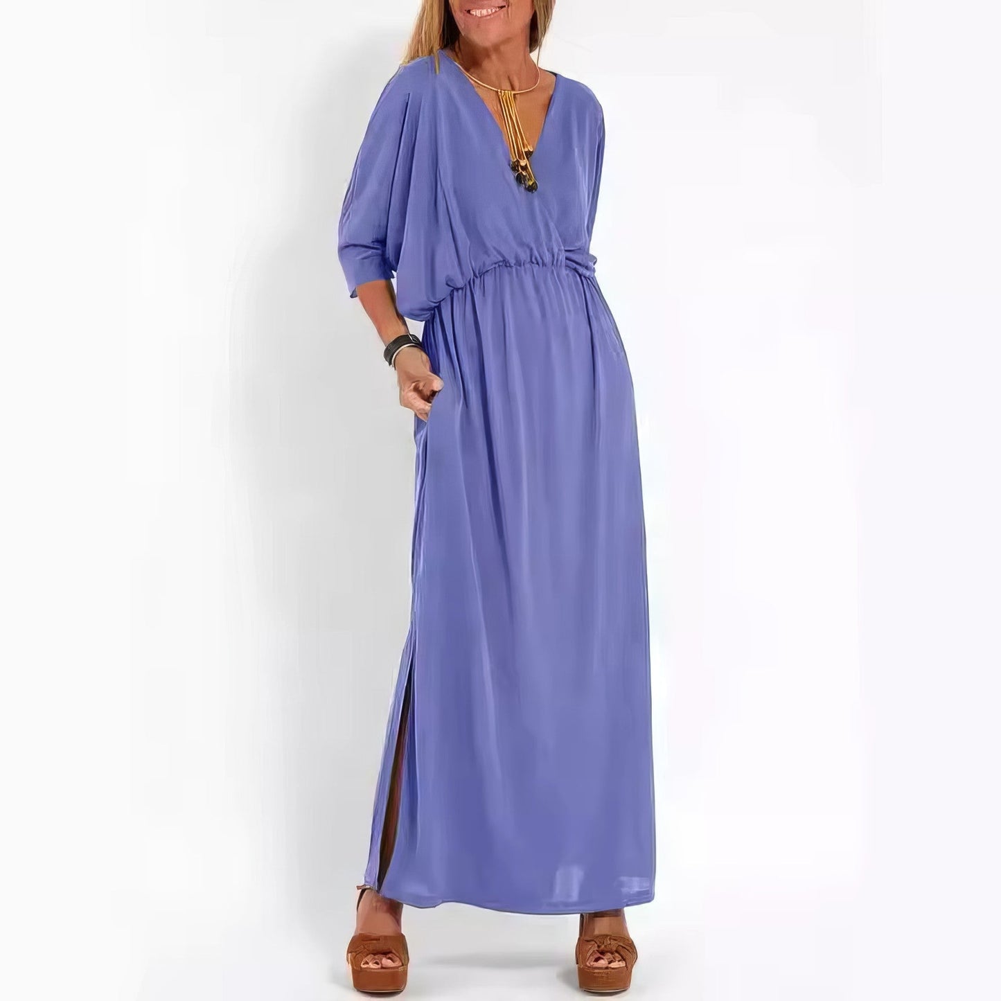 Vestido largo de noche vintage con cuello en V y cintura alta para mujer
