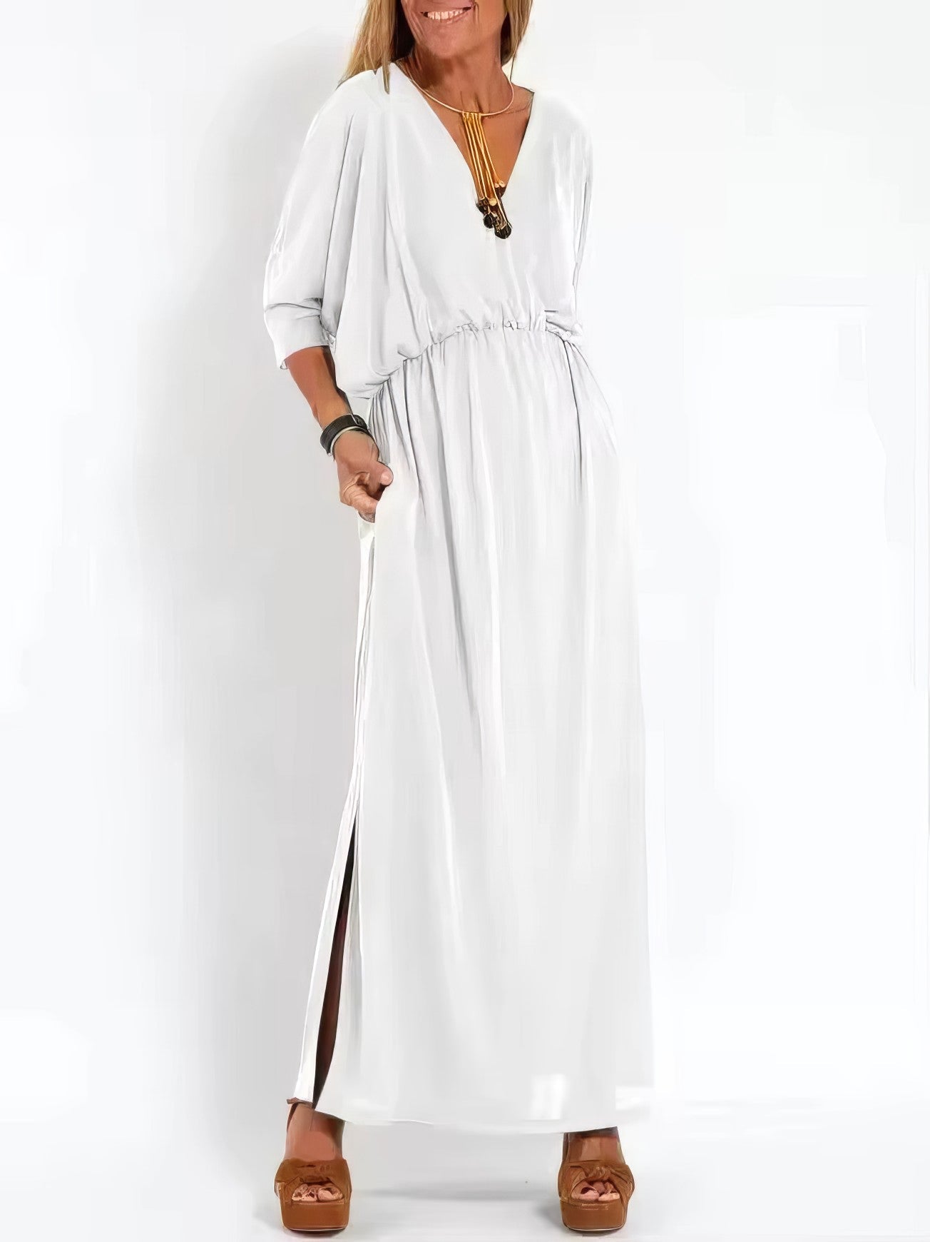 Vestido largo de noche vintage con cuello en V y cintura alta para mujer