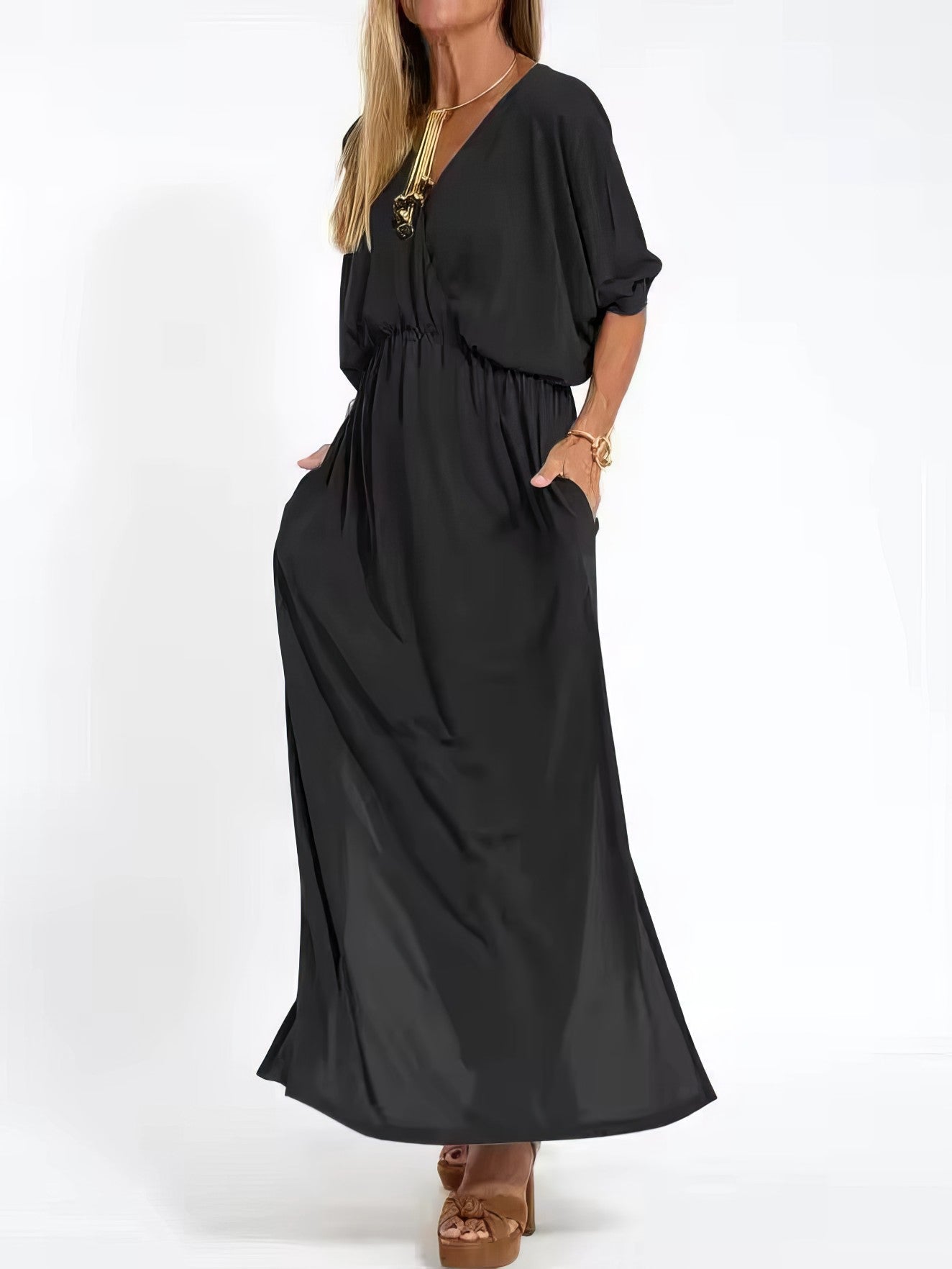 Vestido largo de noche vintage con cuello en V y cintura alta para mujer