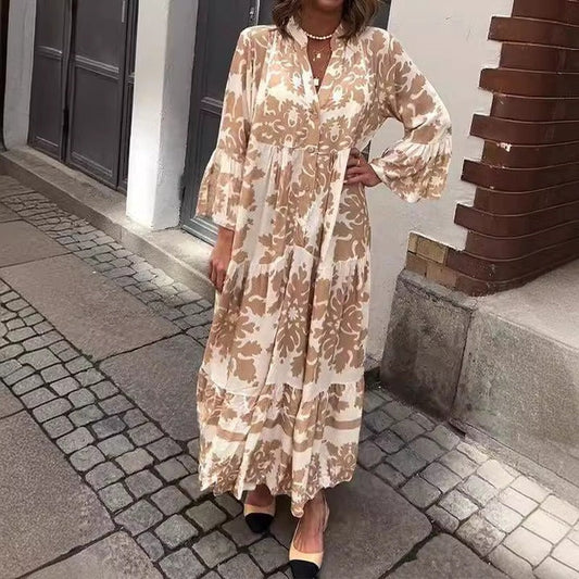 Vestido Maxi con Escote en V y Manga 3/4 Atractivo