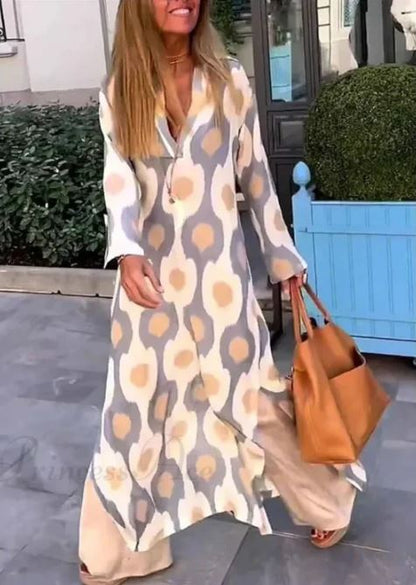 Vestido Boho de Cuello en V con Estampado Geométrico y Abertura de Otoño