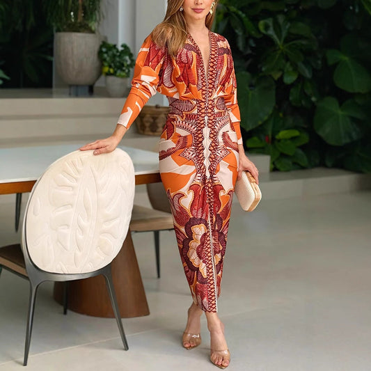 Vestido Midi Ruched de Manga Larga con Abertura y Estampado