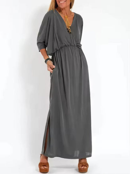 Vestido largo de noche vintage con cuello en V y cintura alta para mujer