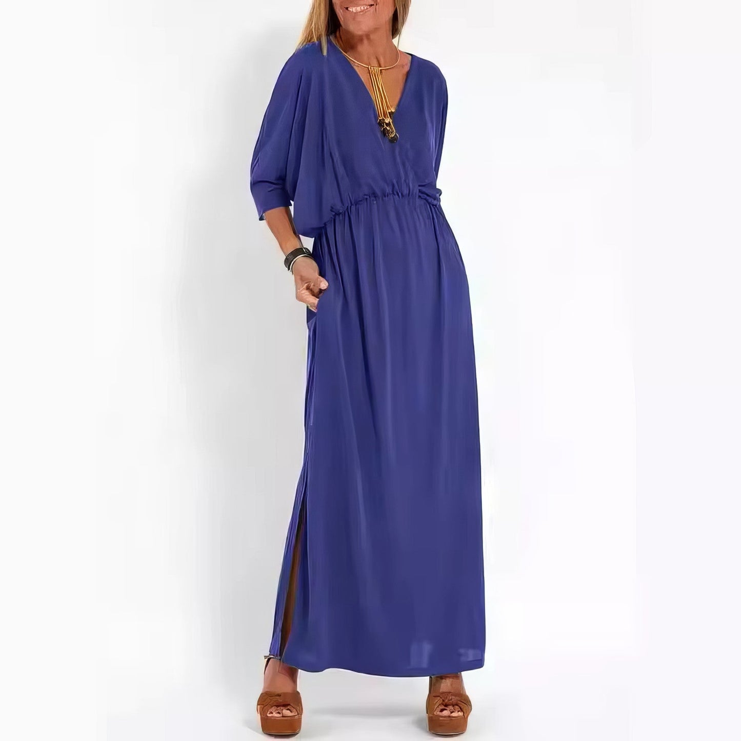 Vestido largo de noche vintage con cuello en V y cintura alta para mujer
