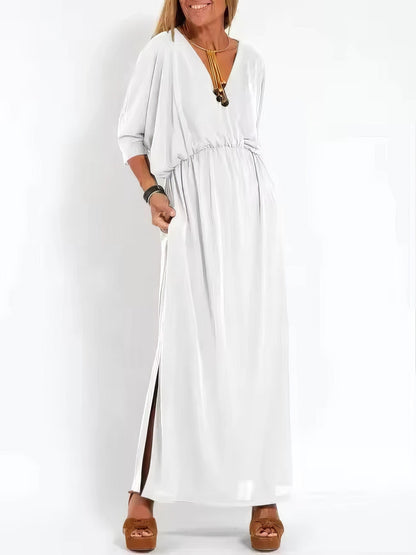 Vestido largo de noche vintage con cuello en V y cintura alta para mujer