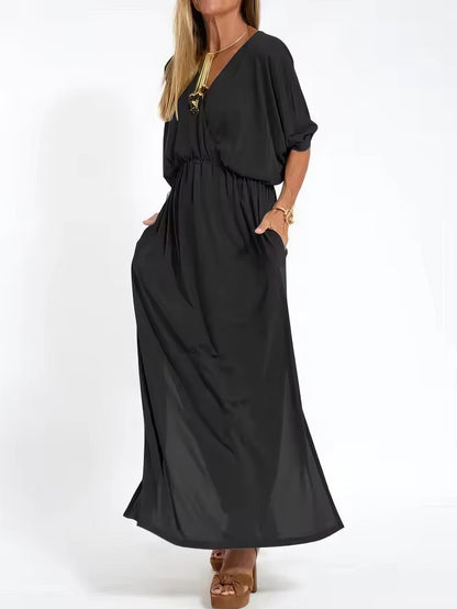 Vestido largo de noche vintage con cuello en V y cintura alta para mujer